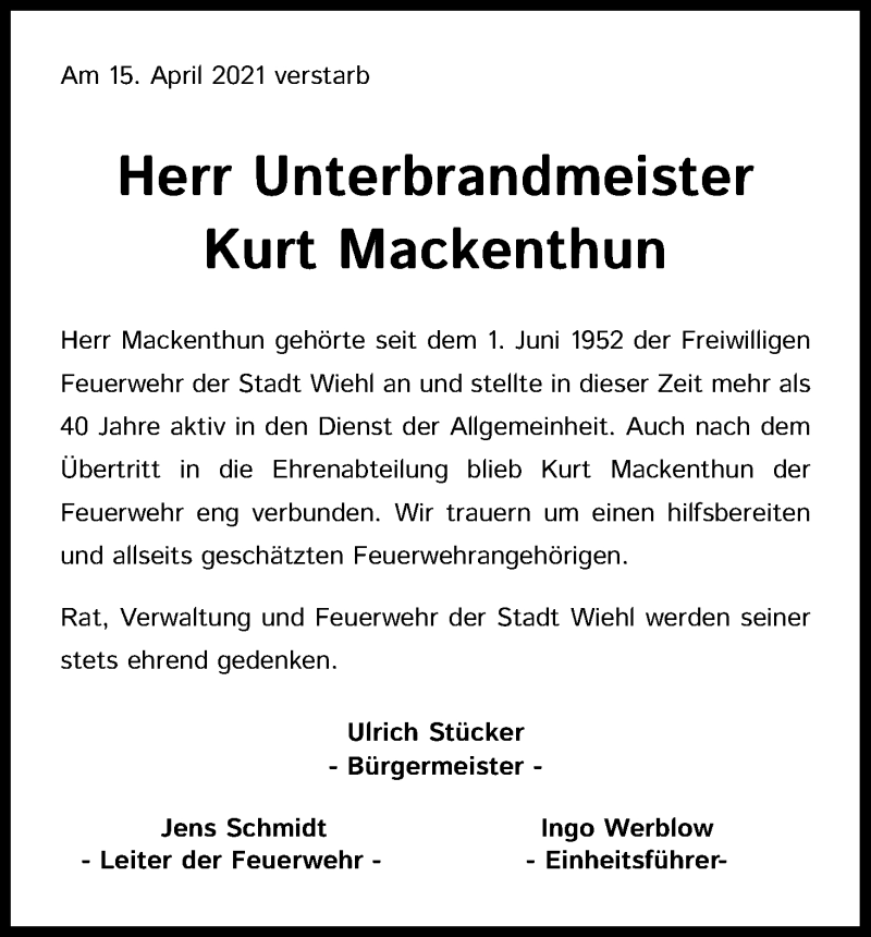  Traueranzeige für Kurt Mackenthun vom 24.04.2021 aus Kölner Stadt-Anzeiger / Kölnische Rundschau / Express