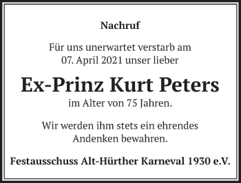 Anzeige von Kurt Peters von  Wochenende 