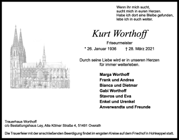 Anzeige von Kurt Worthoff von Kölner Stadt-Anzeiger / Kölnische Rundschau / Express
