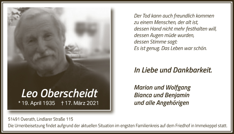  Traueranzeige für Leo Oberscheidt vom 16.04.2021 aus  Bergisches Handelsblatt 