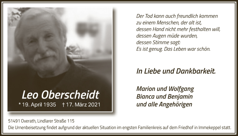  Traueranzeige für Leo Oberscheidt vom 09.04.2021 aus  Bergisches Handelsblatt 