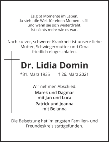 Anzeige von Lidia Domin von  Kölner Wochenspiegel 