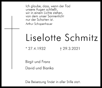 Anzeige von Liselotte Schmitz von Kölner Stadt-Anzeiger / Kölnische Rundschau / Express