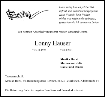 Anzeige von Lonny Hauser von Kölner Stadt-Anzeiger / Kölnische Rundschau / Express