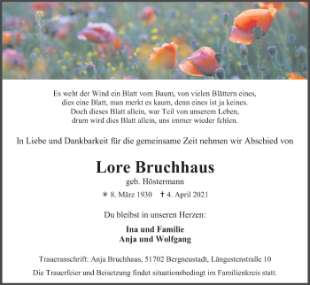 Anzeige von Lore Bruchhaus von Kölner Stadt-Anzeiger / Kölnische Rundschau / Express