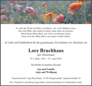 Anzeige von Lore Bruchhaus von  Anzeigen Echo 