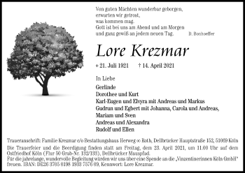 Anzeige von Lore Krezmar von Kölner Stadt-Anzeiger / Kölnische Rundschau / Express