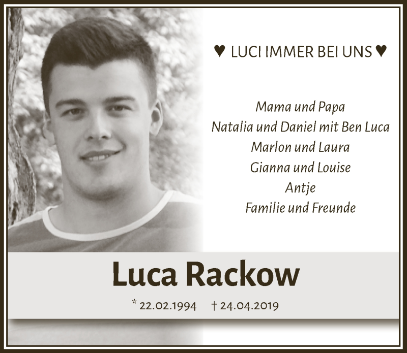  Traueranzeige für Luca Rackow vom 23.04.2021 aus  Anzeigen Echo 