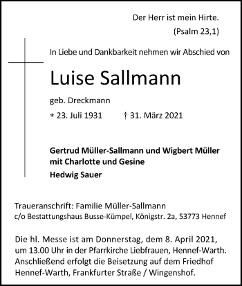 Anzeige von Luise Ballmann von Kölner Stadt-Anzeiger / Kölnische Rundschau / Express