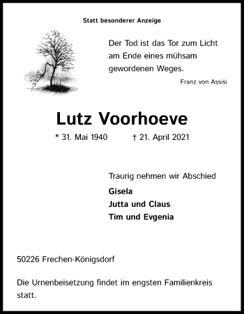 Anzeige von Lutz Voorhoeve von Kölner Stadt-Anzeiger / Kölnische Rundschau / Express