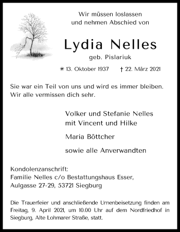 Anzeige von Lydia Nelles von Kölner Stadt-Anzeiger / Kölnische Rundschau / Express