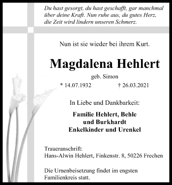 Anzeige von Magdalena Hehlert von Kölner Stadt-Anzeiger / Kölnische Rundschau / Express