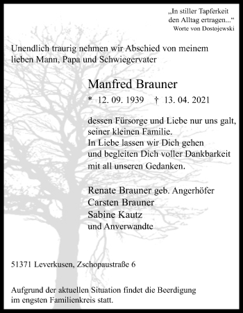Anzeige von Manfred Brauner von Kölner Stadt-Anzeiger / Kölnische Rundschau / Express