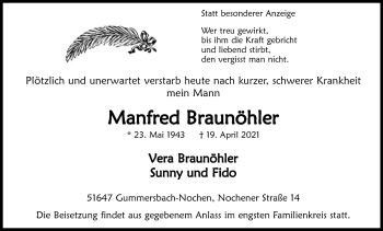 Anzeige von Manfred Braunöhler von Kölner Stadt-Anzeiger / Kölnische Rundschau / Express
