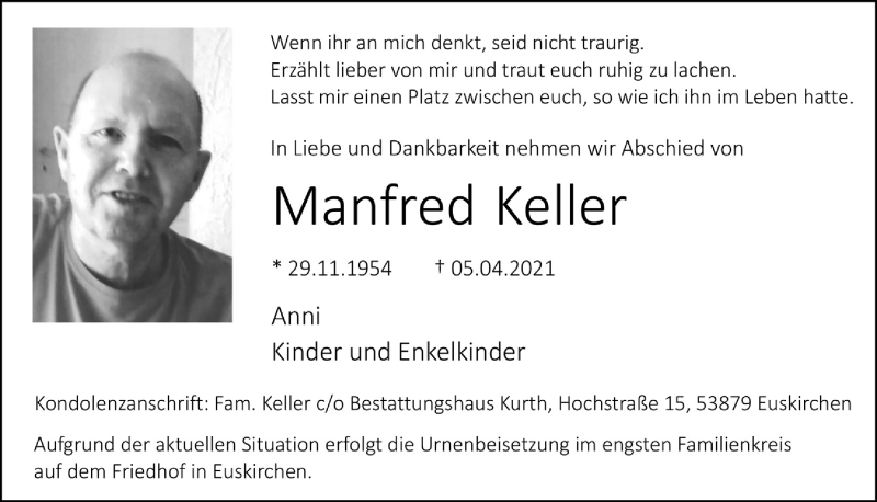  Traueranzeige für Manfred Keller vom 17.04.2021 aus  Blickpunkt Euskirchen 