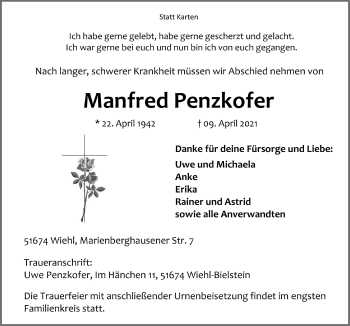 Anzeige von Manfred Penzkofer von  Anzeigen Echo 