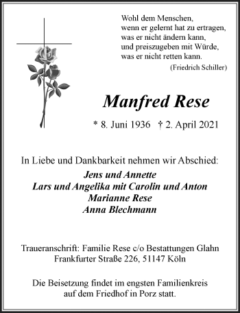 Anzeige von Manfred Rese von  Kölner Wochenspiegel 
