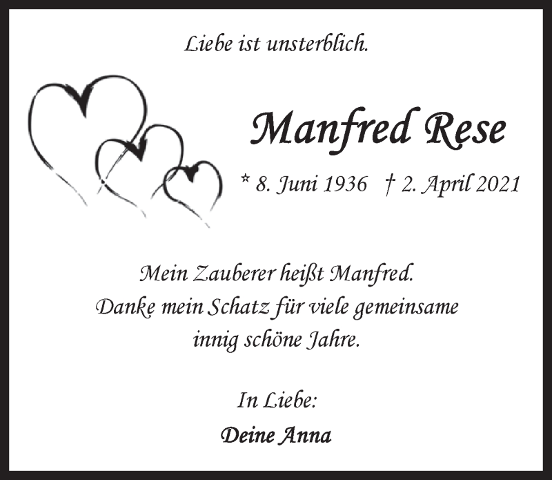  Traueranzeige für Manfred Rese vom 09.04.2021 aus  Kölner Wochenspiegel 