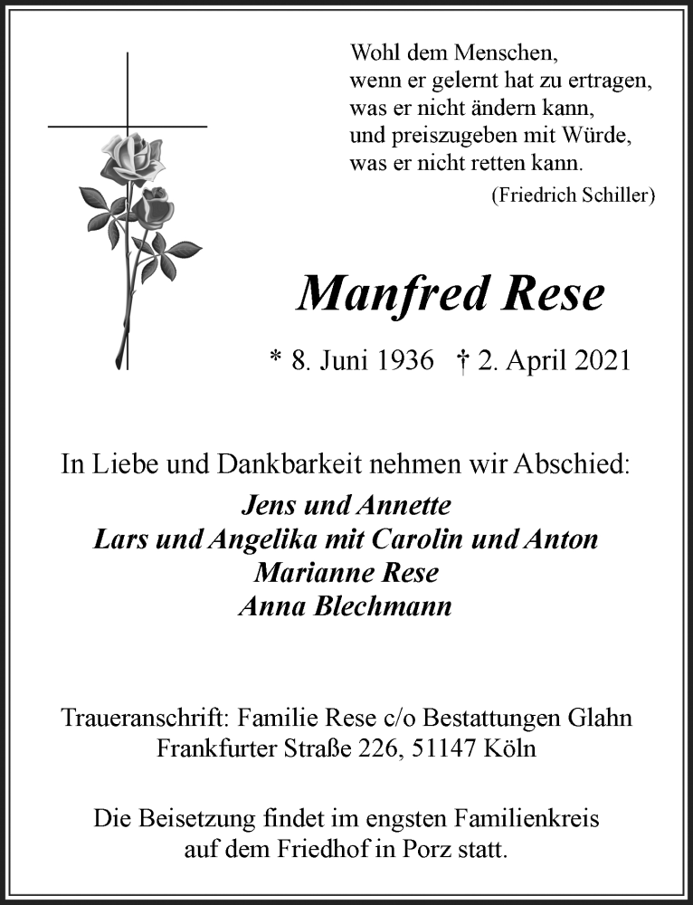  Traueranzeige für Manfred Rese vom 09.04.2021 aus  Kölner Wochenspiegel 