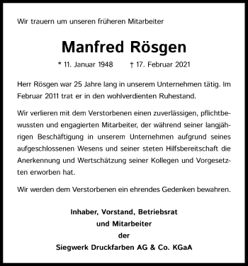 Anzeige von Manfred Rösgen von Kölner Stadt-Anzeiger / Kölnische Rundschau / Express