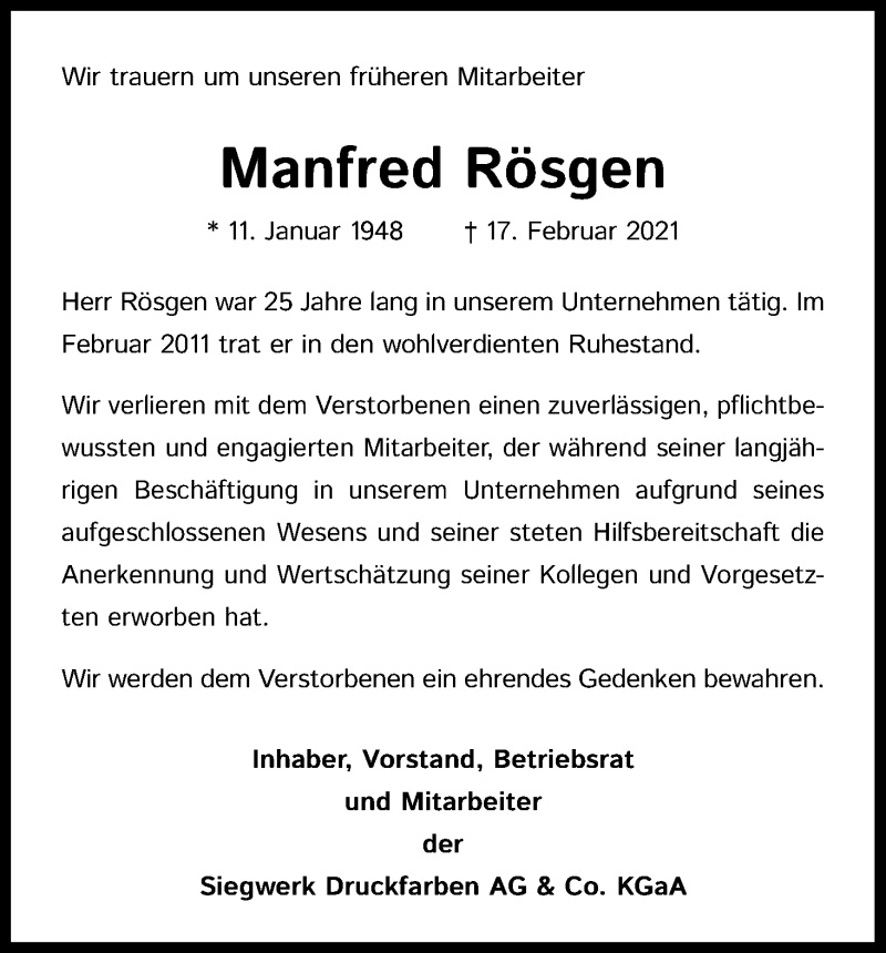  Traueranzeige für Manfred Rösgen vom 20.03.2021 aus Kölner Stadt-Anzeiger / Kölnische Rundschau / Express