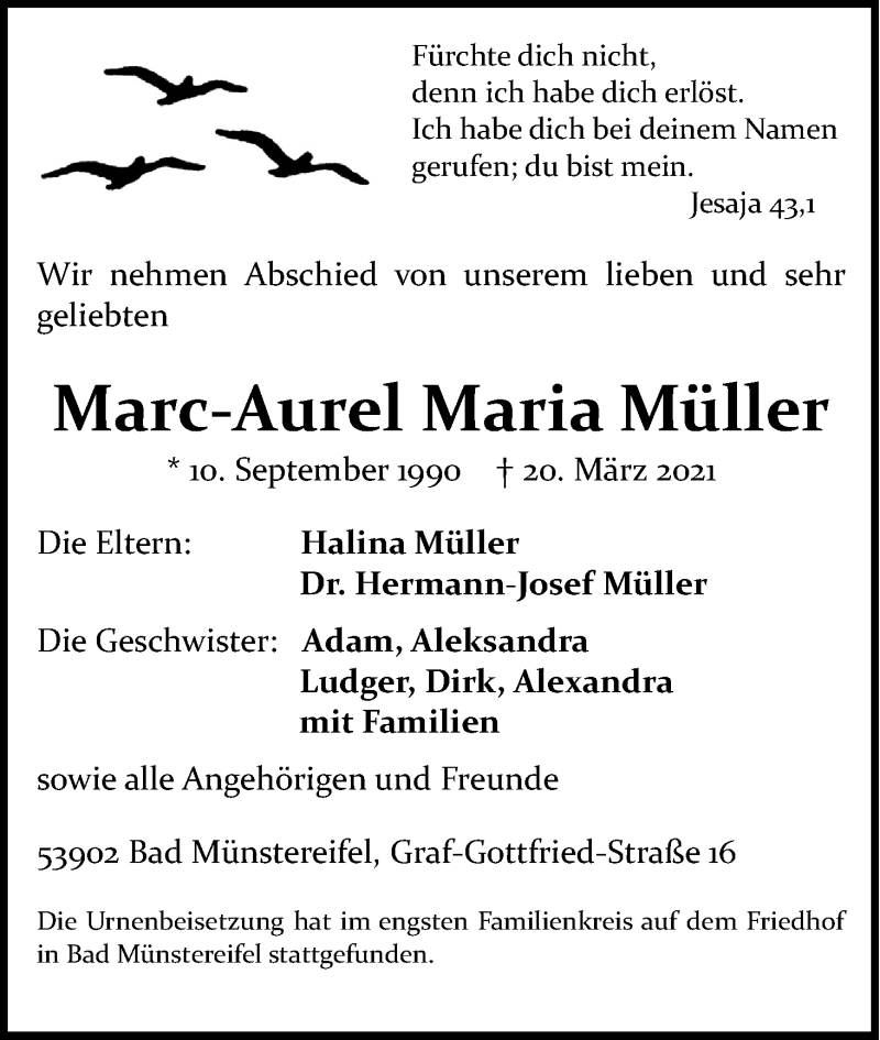  Traueranzeige für Marc-Aurel Maria Müller vom 03.04.2021 aus Kölner Stadt-Anzeiger / Kölnische Rundschau / Express