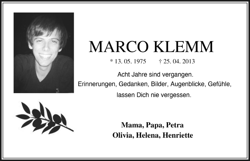  Traueranzeige für Marco Klemm vom 23.04.2021 aus  Anzeigen Echo 