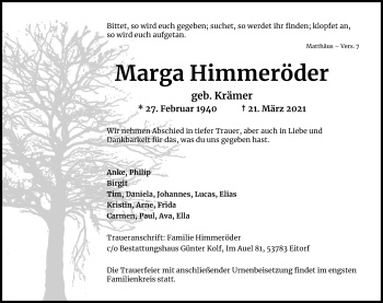 Anzeige von Marga Himmeröder von Kölner Stadt-Anzeiger / Kölnische Rundschau / Express