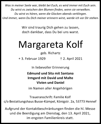 Anzeige von Margareta Kolf von Kölner Stadt-Anzeiger / Kölnische Rundschau / Express