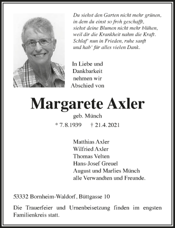 Anzeige von Margarete Axler von  Schaufenster/Blickpunkt 