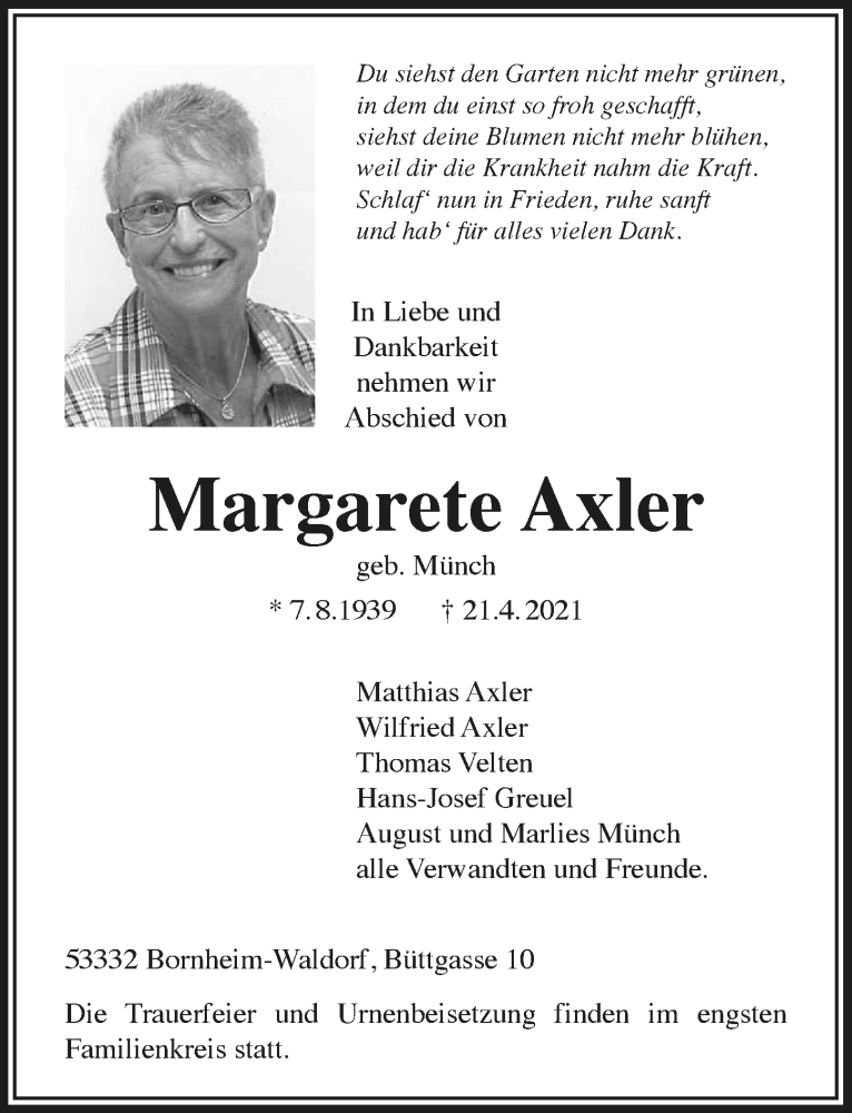  Traueranzeige für Margarete Axler vom 29.04.2021 aus  Schaufenster/Blickpunkt 