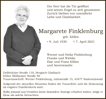 Anzeige von Margarete Finklenburg von  Bergisches Handelsblatt 