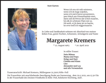 Anzeige von Margarete Kremers von Kölner Stadt-Anzeiger / Kölnische Rundschau / Express