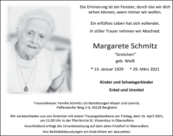 Anzeige von Margarete Schmitz von  Werbepost 