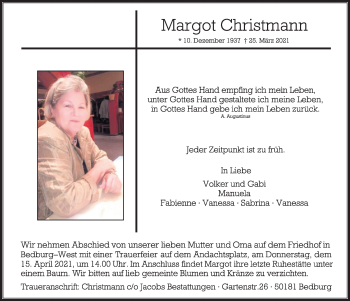 Anzeige von Margot Christmann von  Werbepost 