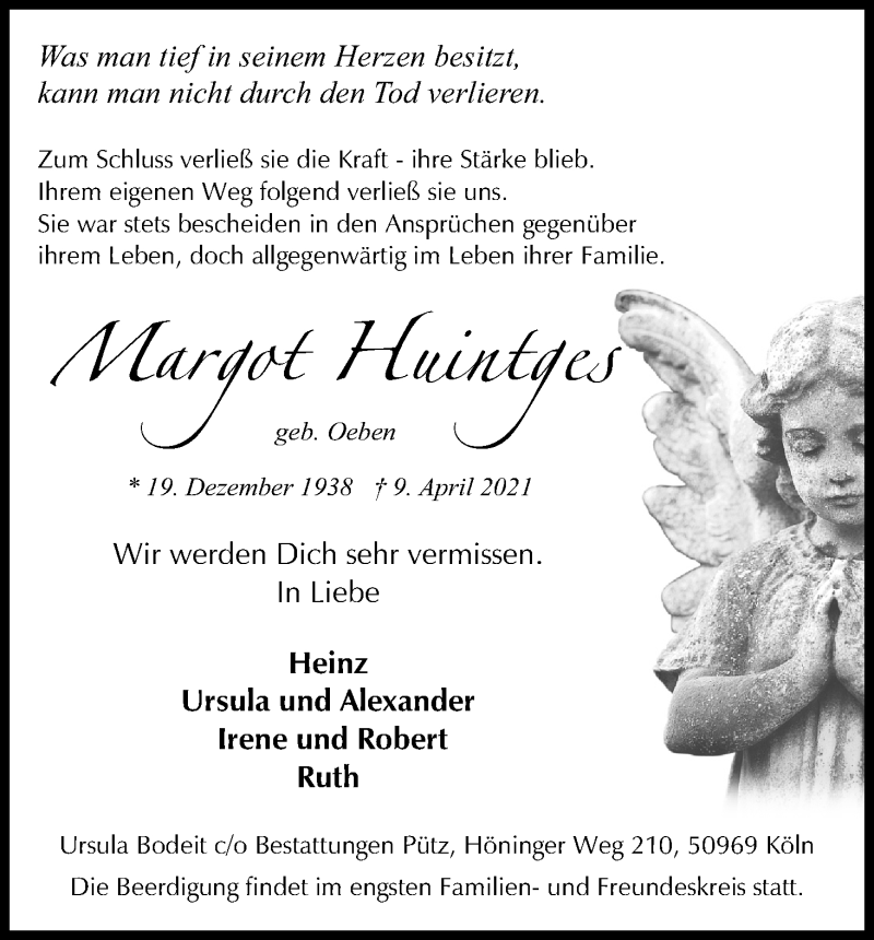  Traueranzeige für Margot Huintges vom 17.04.2021 aus Kölner Stadt-Anzeiger / Kölnische Rundschau / Express