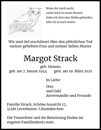 Anzeige von Margot Strack von Kölner Stadt-Anzeiger / Kölnische Rundschau / Express