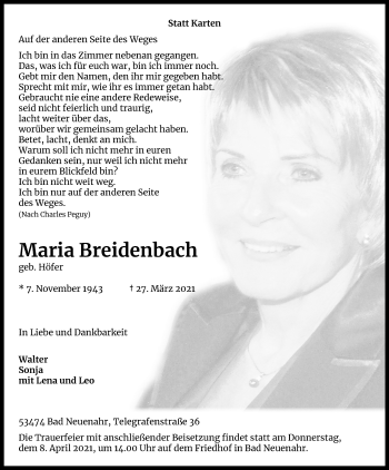 Anzeige von Maria Breidenbach von Kölner Stadt-Anzeiger / Kölnische Rundschau / Express