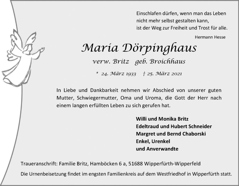  Traueranzeige für Maria Dörpinghaus vom 03.04.2021 aus Kölner Stadt-Anzeiger / Kölnische Rundschau / Express