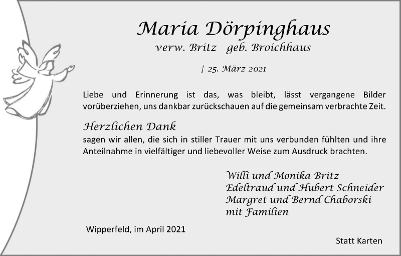  Traueranzeige für Maria Dörpinghaus vom 24.04.2021 aus Kölner Stadt-Anzeiger / Kölnische Rundschau / Express