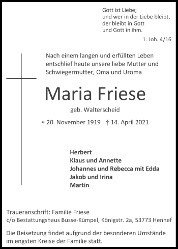 Anzeige von Maria Friese von Kölner Stadt-Anzeiger / Kölnische Rundschau / Express