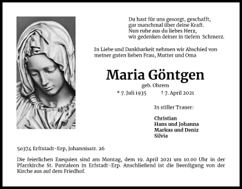 Anzeige von Maria Göntgen von Kölner Stadt-Anzeiger / Kölnische Rundschau / Express