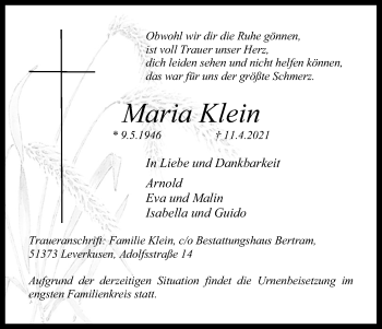 Anzeige von Maria Klein von Kölner Stadt-Anzeiger / Kölnische Rundschau / Express