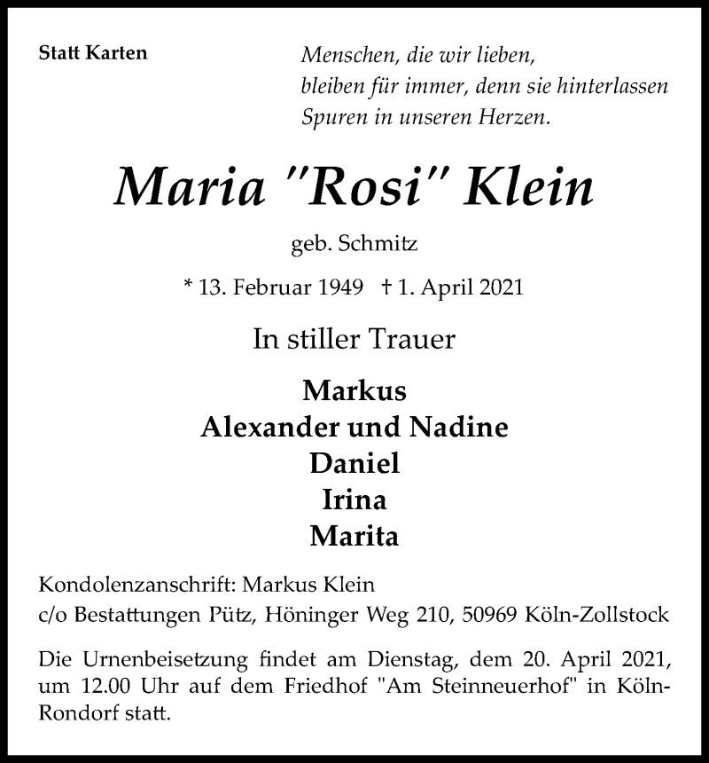  Traueranzeige für Maria Klein vom 14.04.2021 aus Kölner Stadt-Anzeiger / Kölnische Rundschau / Express