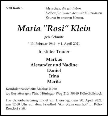 Anzeige von Maria Klein von Kölner Stadt-Anzeiger / Kölnische Rundschau / Express