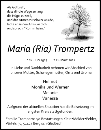 Anzeige von Maria  Trompertz von Kölner Stadt-Anzeiger / Kölnische Rundschau / Express