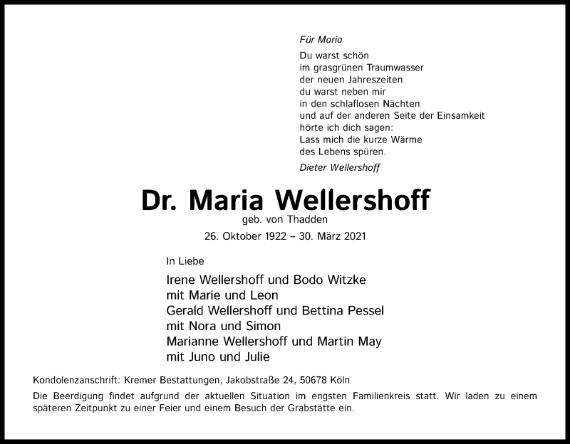  Traueranzeige für Maria Wellershoff vom 07.04.2021 aus Kölner Stadt-Anzeiger / Kölnische Rundschau / Express