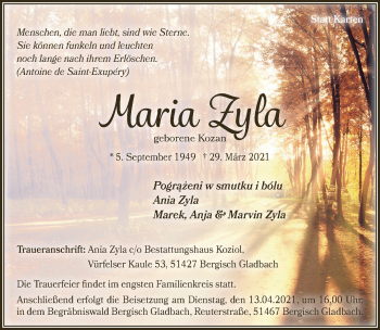 Anzeige von Maria Zyla von  Bergisches Handelsblatt 