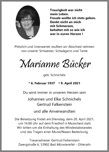 Anzeige von Marianne Bücker von Kölner Stadt-Anzeiger / Kölnische Rundschau / Express
