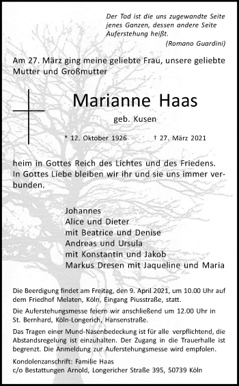 Anzeige von Marianne Haas von Kölner Stadt-Anzeiger / Kölnische Rundschau / Express